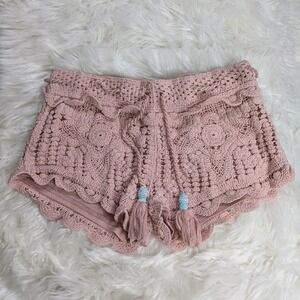 Surf Gypsy 100% Cotton Pink Crochet Tassel Boho Beach Festival Shorts Size M